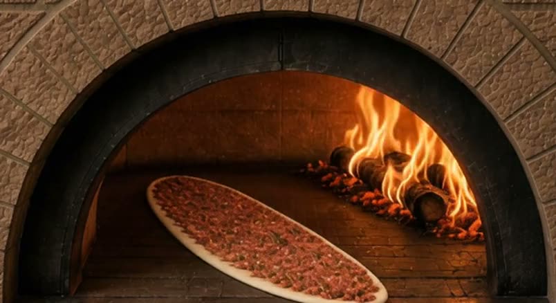 Taş fırının ağzında pişmeye hazır lahmacun